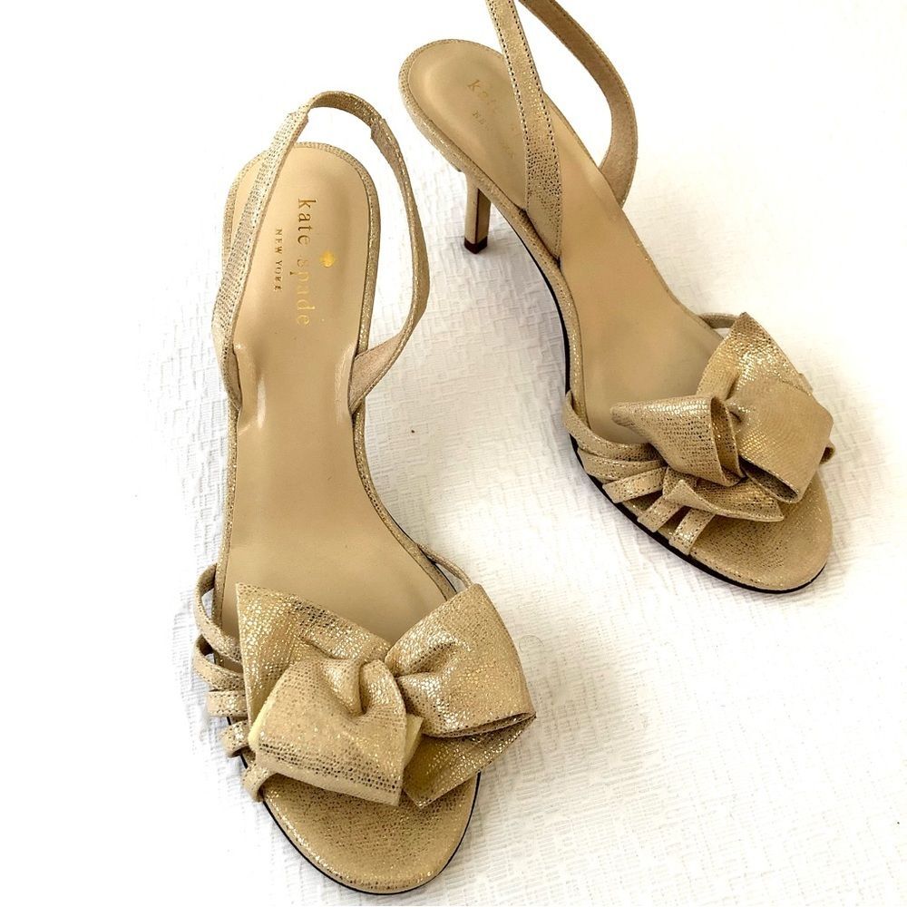Kate Spade Maribeth Gold Metallic Bow Stiletto Slingback Pumps 7 Wedding Evening